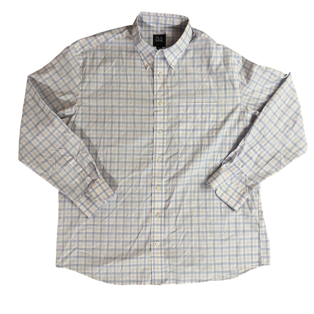 Jos. A. Bank Traveler Mens XL Tailored Fit Blue White Plaid Button Down Shirt